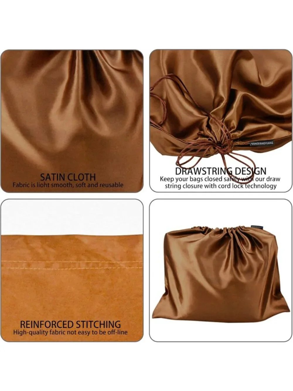 10 Pack Silk Dust Bags for Handbags & Purses, Drawstring Storage Pouches, Brown